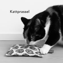 Load image into Gallery viewer, Black and white cat playing with a patterned catnip toy on a light surface.