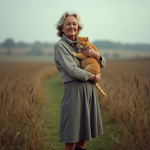 Woman holding a cat in a field